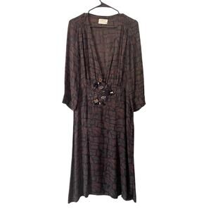 Boho Y2K Beaded Tie-Back Midi Dress 90s Silk Brown Abstract Print Applique Sz 10